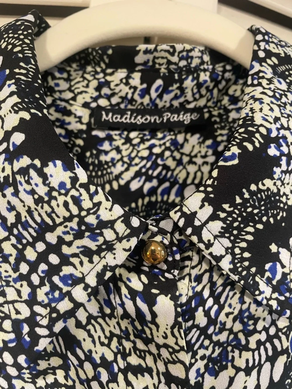 Black, White, Blue with Yellow highlights Long-Sleeve Blouse - Madison Paige - Picture 2 of 6